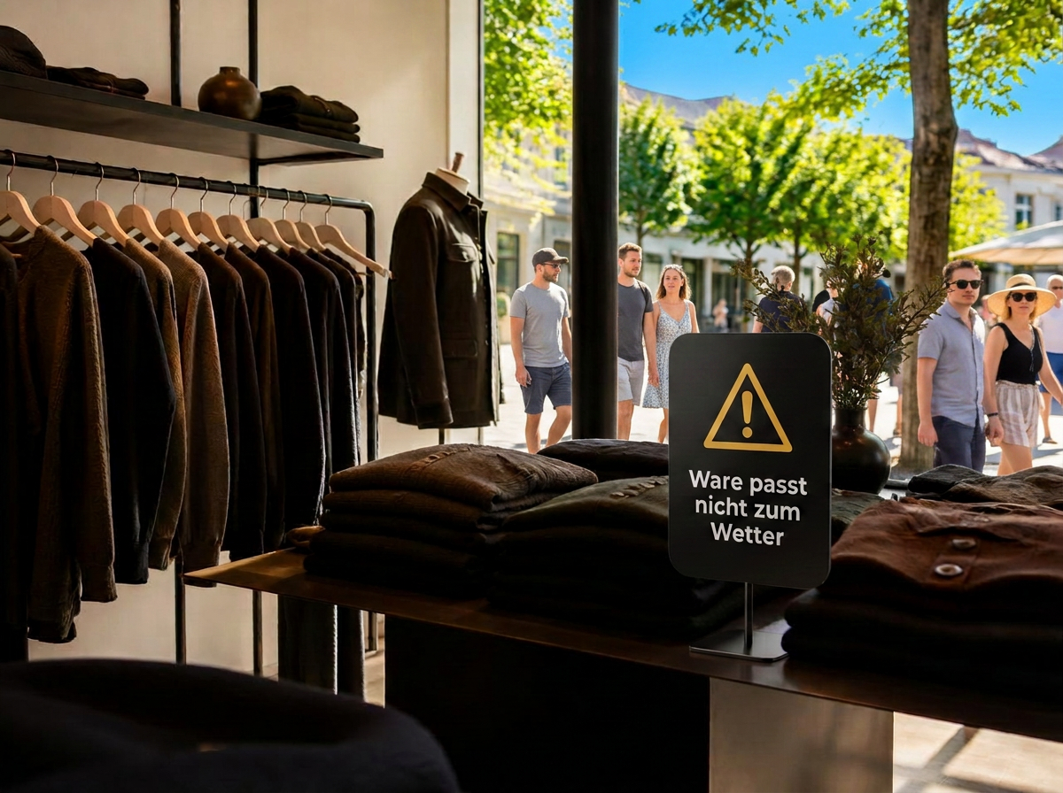 Verkaufsfläche mit dunkler Herbstware und Langarm-Pullovern, während draußen Sonnenschein herrscht, mit Warnschild „Ware passt nicht zum Wetter“